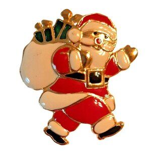 Enamel & Gold Tone Metal Cloisonne Santa Claus with Sack of Gifts Brooch Pin